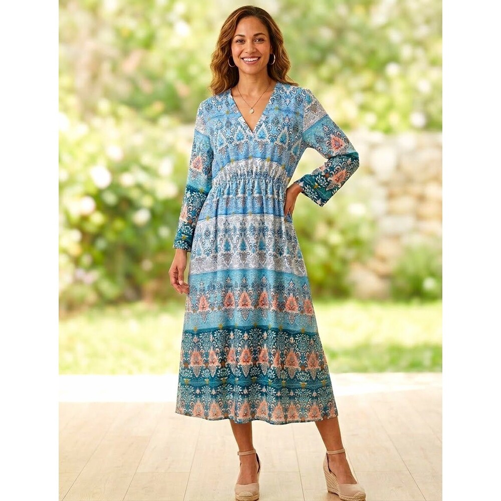 Everly M Blue Medallion Print Midi Dress Boho Beach 3/4 Sleeve Made in USA ikat